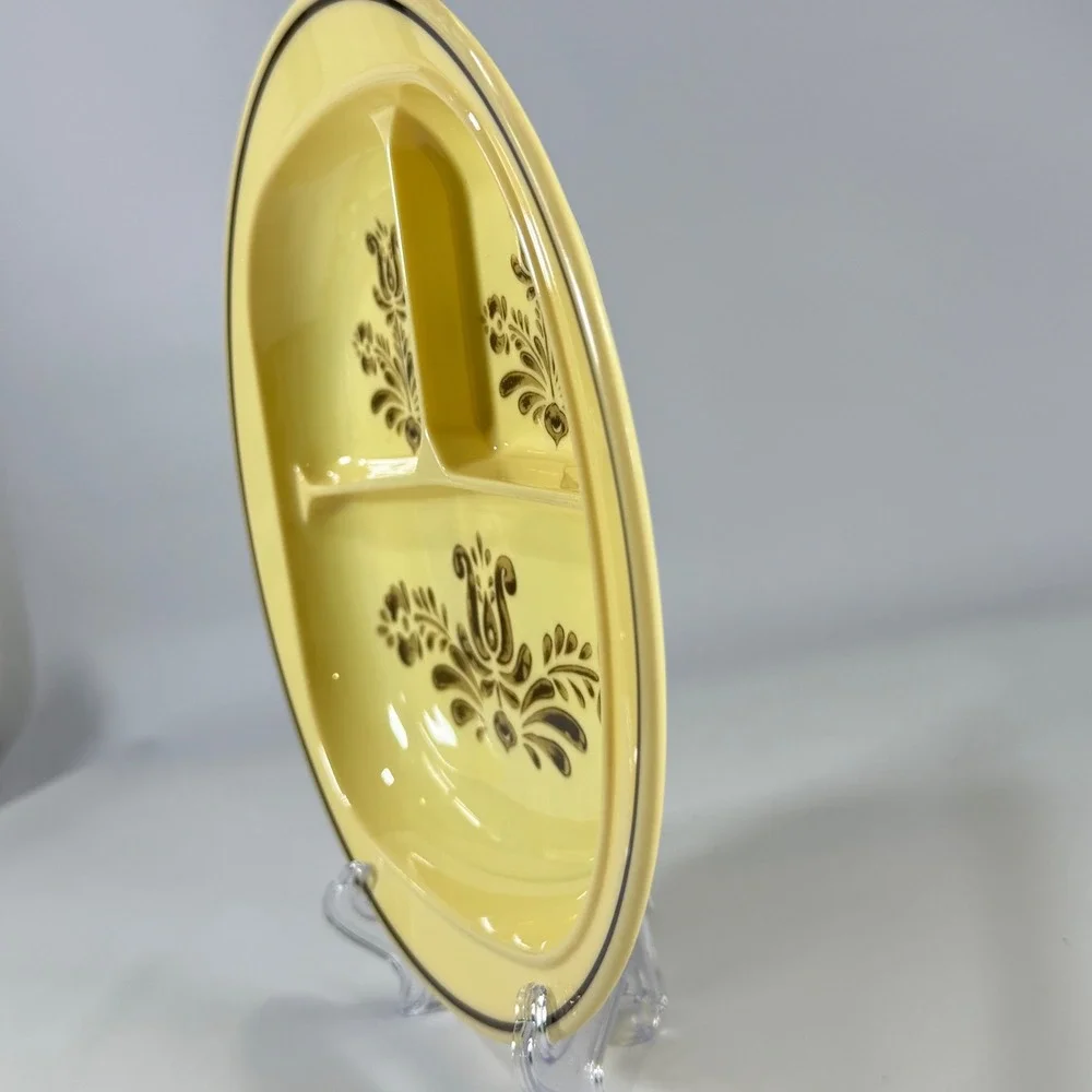 VTG Pfaltzgraff Village Melamine Divided Plate Yellow Brown Floral Retro Kitchen